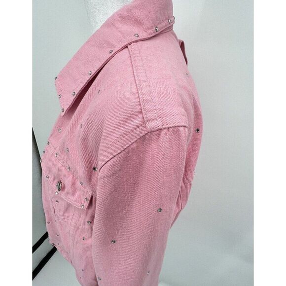 Quacker Factory Womens Denim Jacket Size L Pink Button Up Rhinestone Bling Y2K - Picture 4 of 16